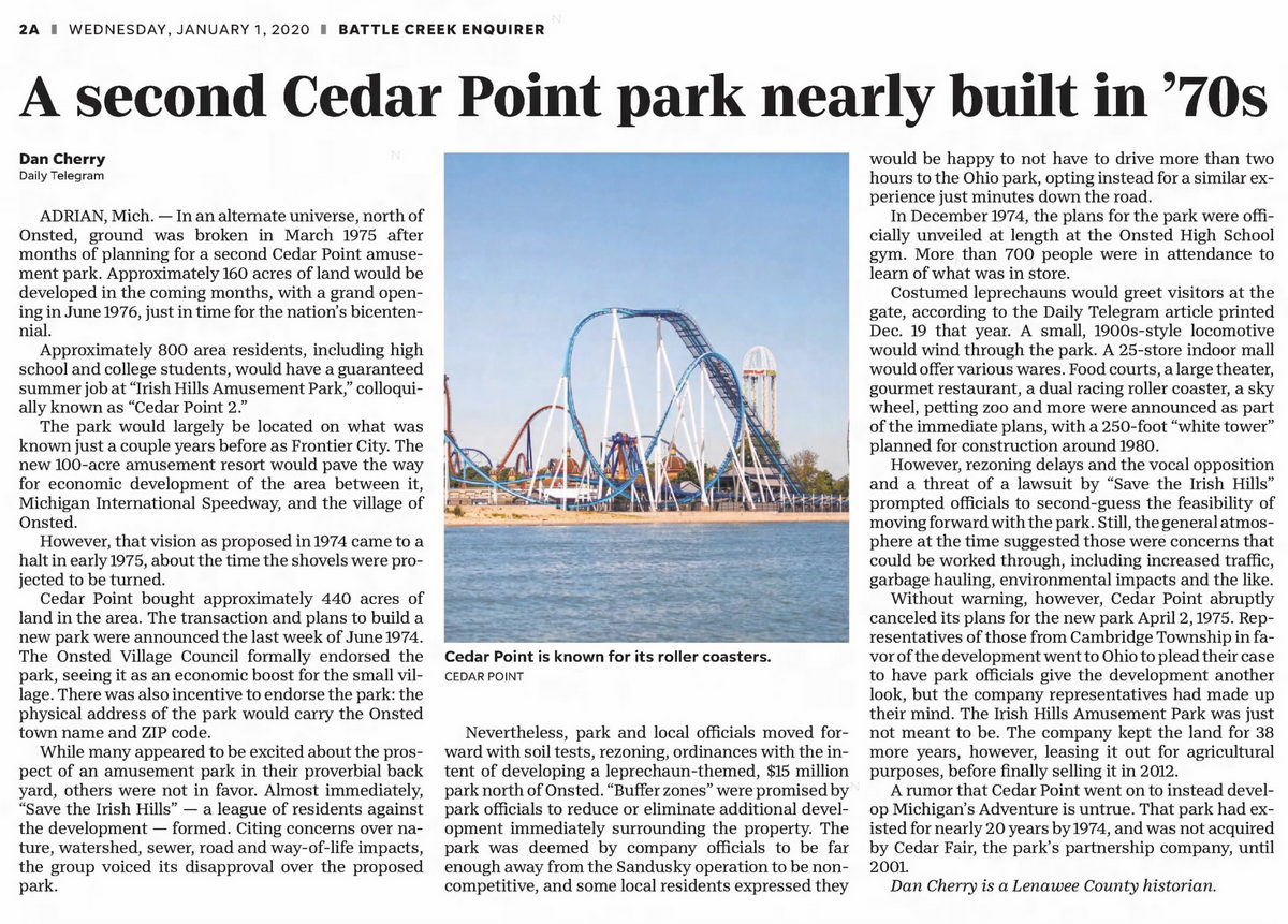 Cedar Point II, Irish Hills Amusement Park, Kingdom of Adventure, Little Michigan - Irish Hills Jan 2020 Article (newer photo)